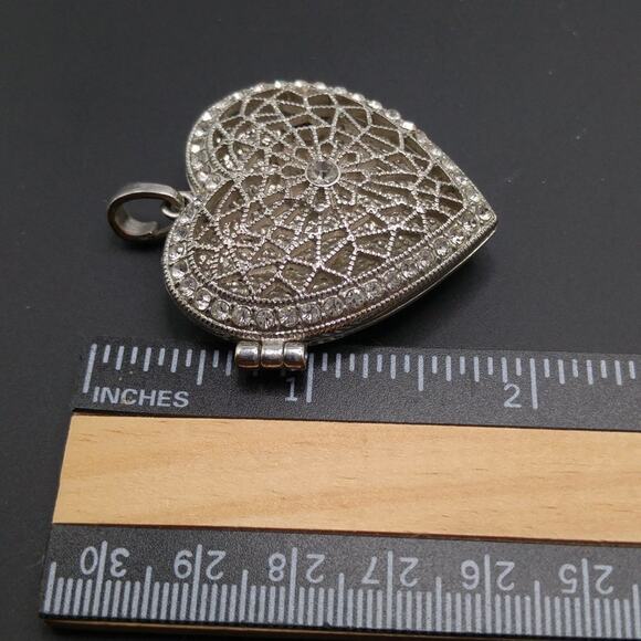 Vintage Rhinestone Heart Locket Pendant Silver Tone Filigree Perfume Holder - Picture 6 of 6